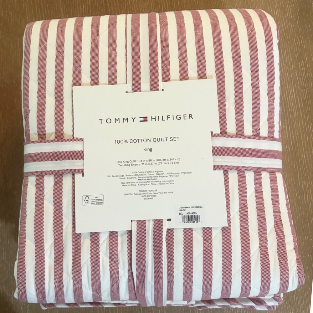 Tommy Hilfiger Laguna Beach Stripe King Quilt Set 3pc 100% Cotton Red White NEW